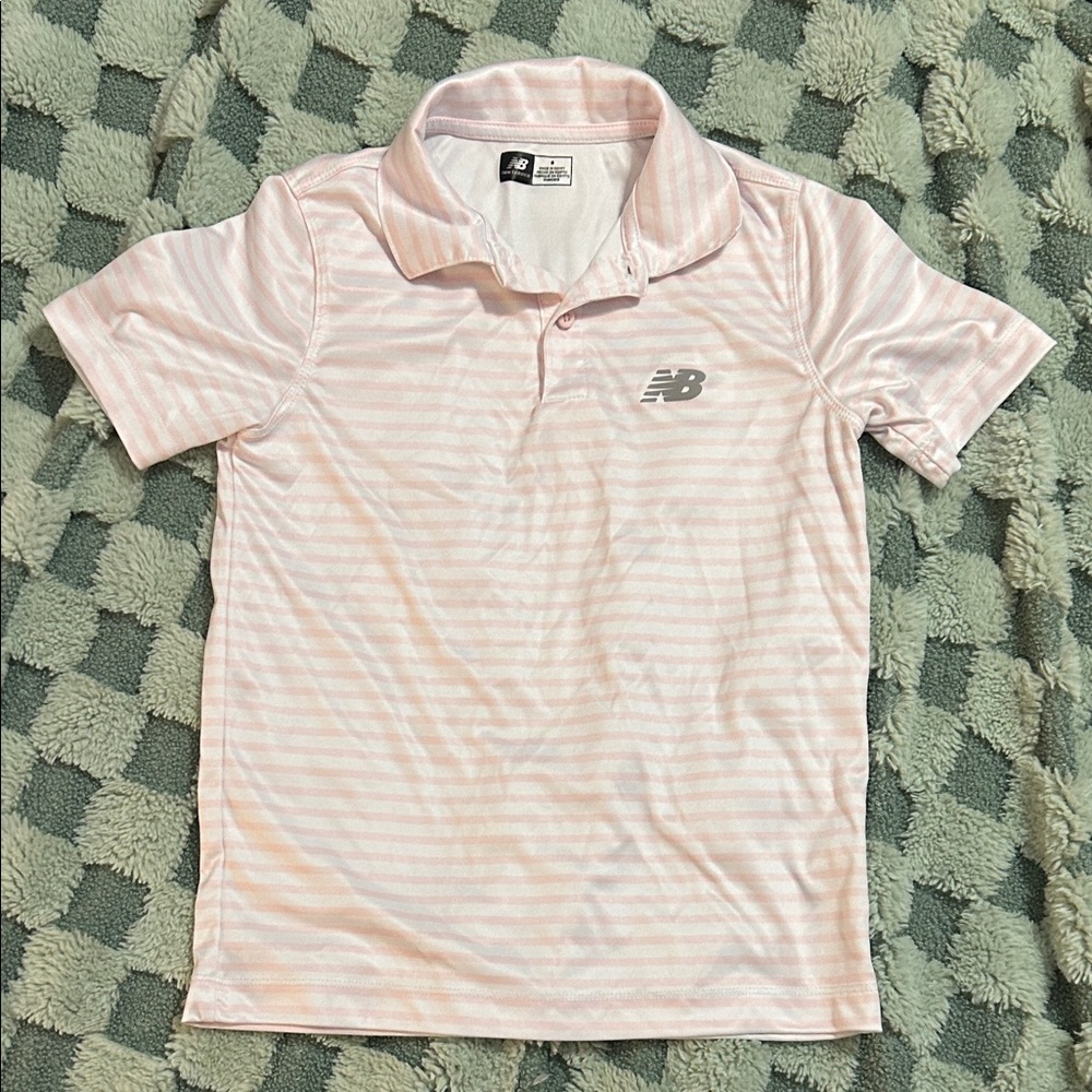 New Balance boys polo shirt, size 8, pink/white, excellent condition